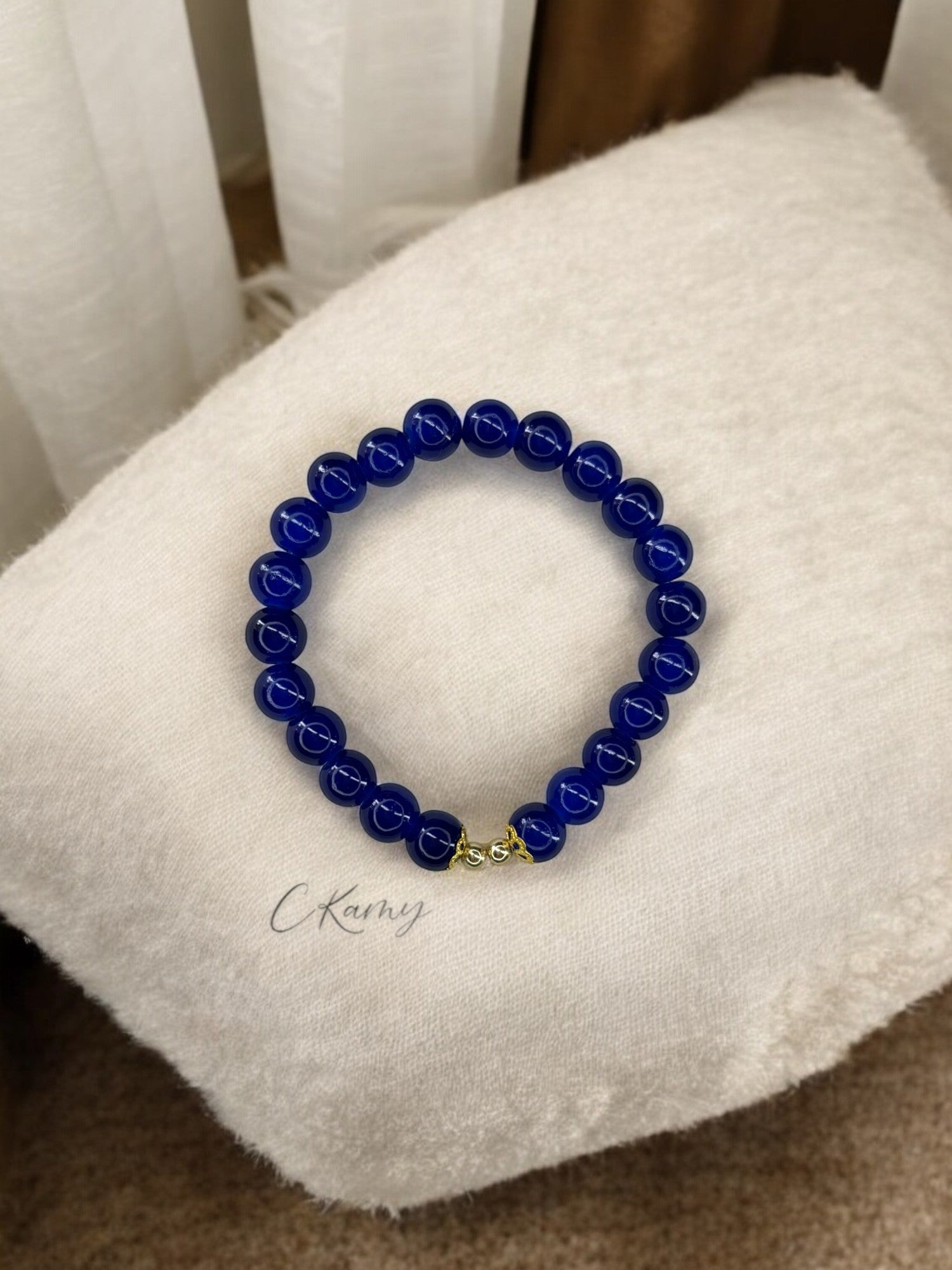 Bracelet femme perles de verre floral doré 4mm bleu foncé