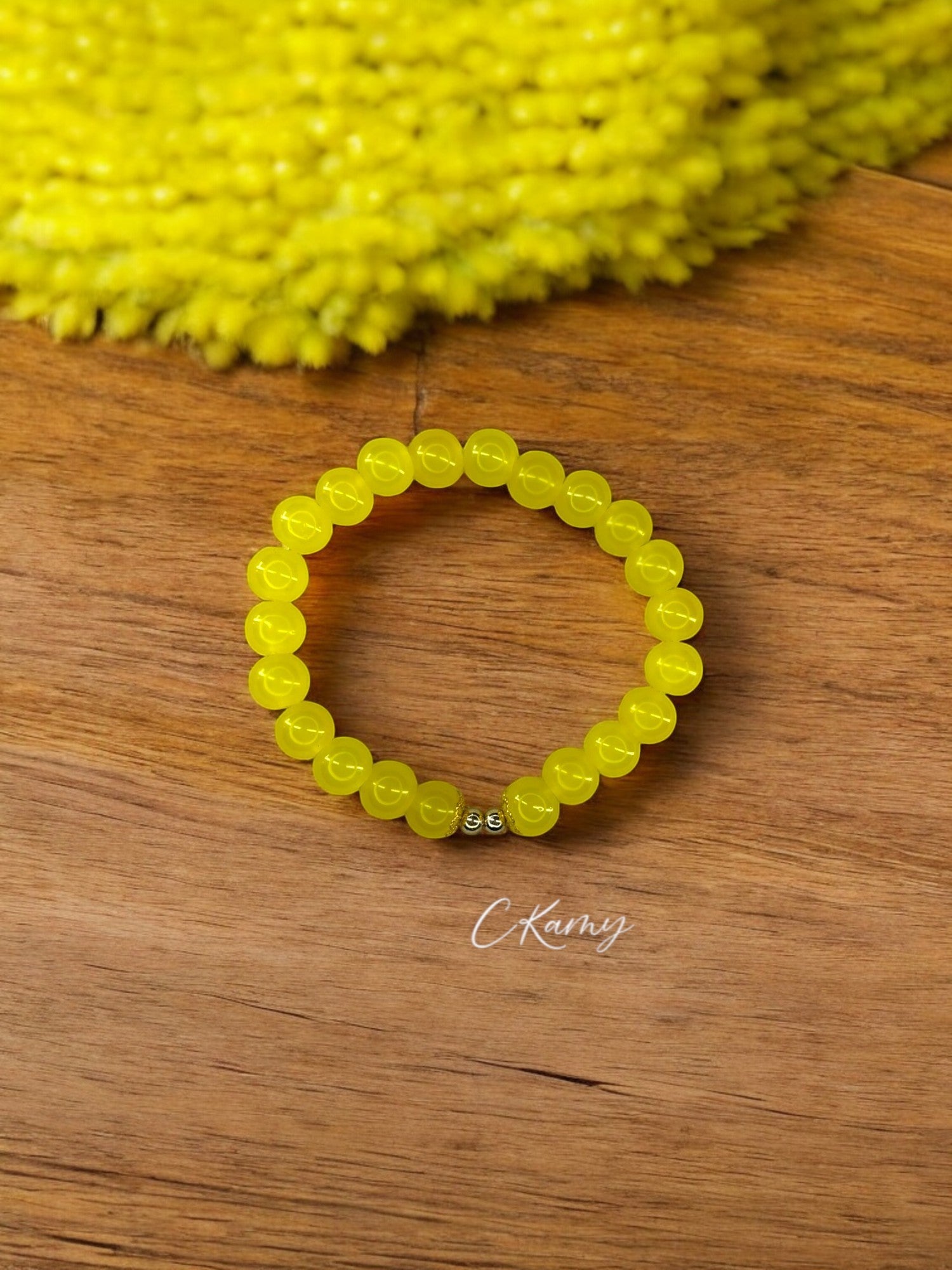 Bracelet femme perles de verre floral doré 4mm jaune