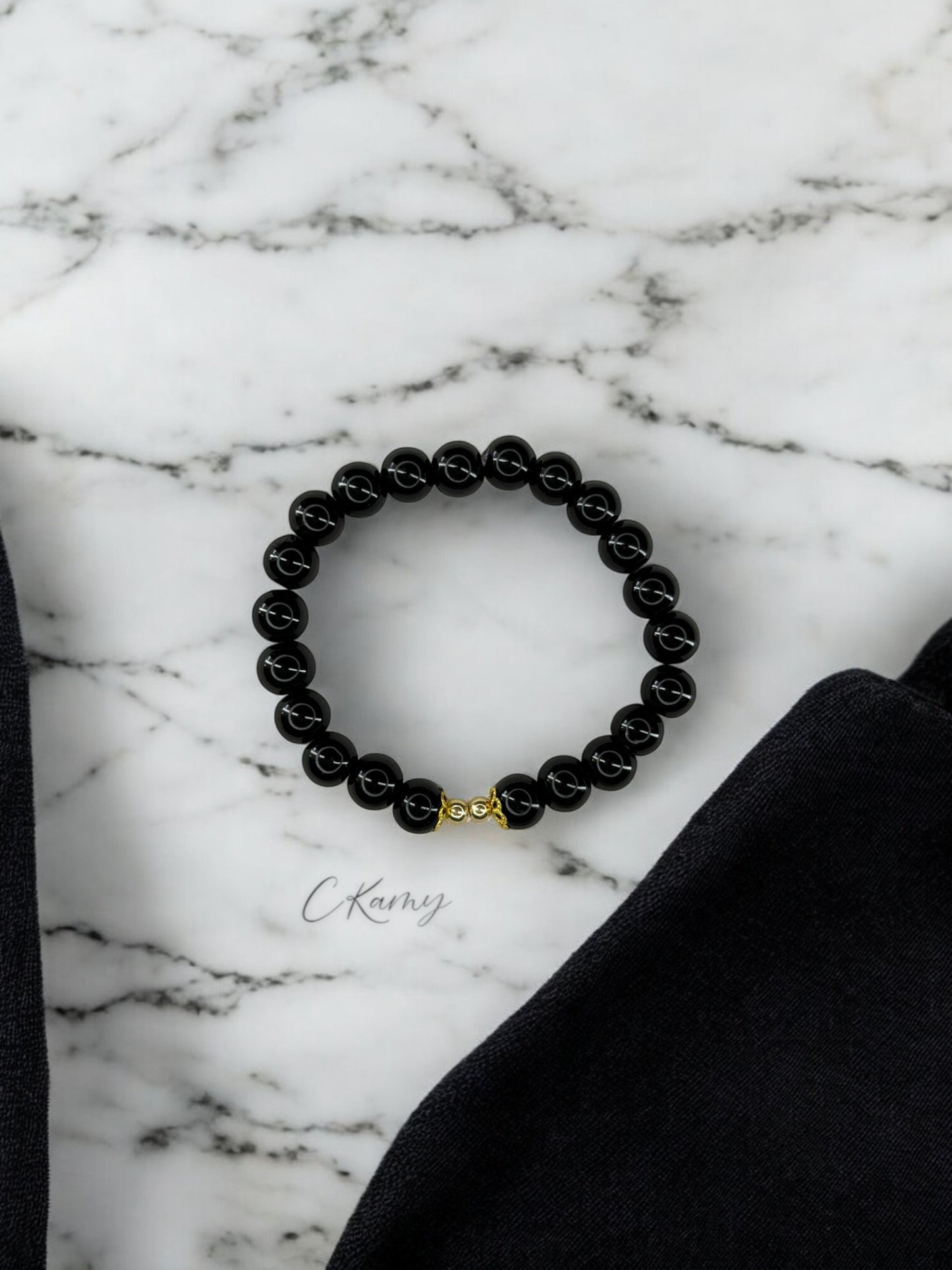 Bracelet femme perles de verre floral doré 4mm noir