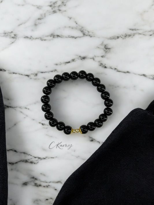Bracelet femme perles de verre floral doré 4mm noir