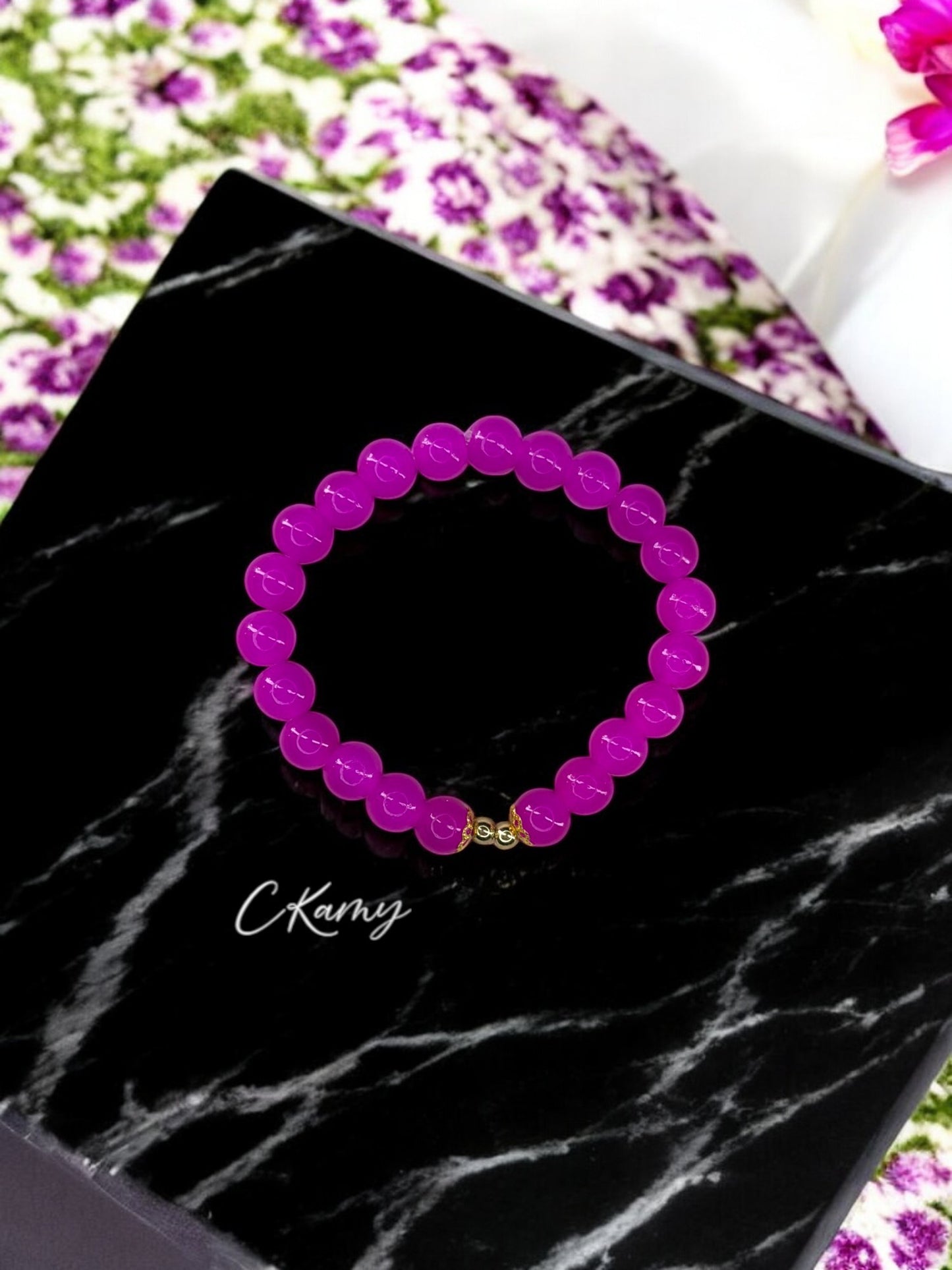 Bracelet femme perles de verre floral doré 4mm rose flash