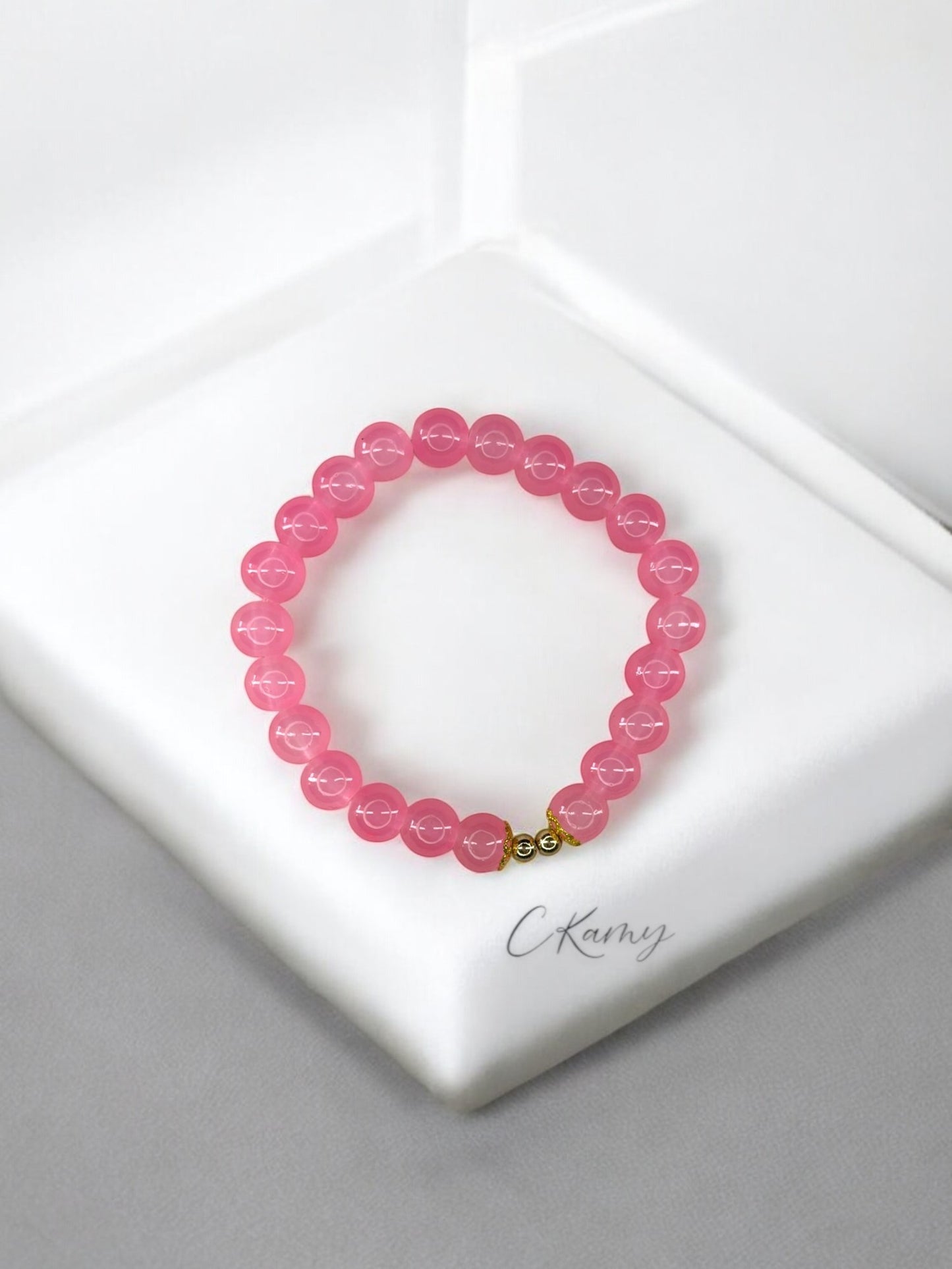 Bracelet femme perles de verre floral doré 4mm rose foncé