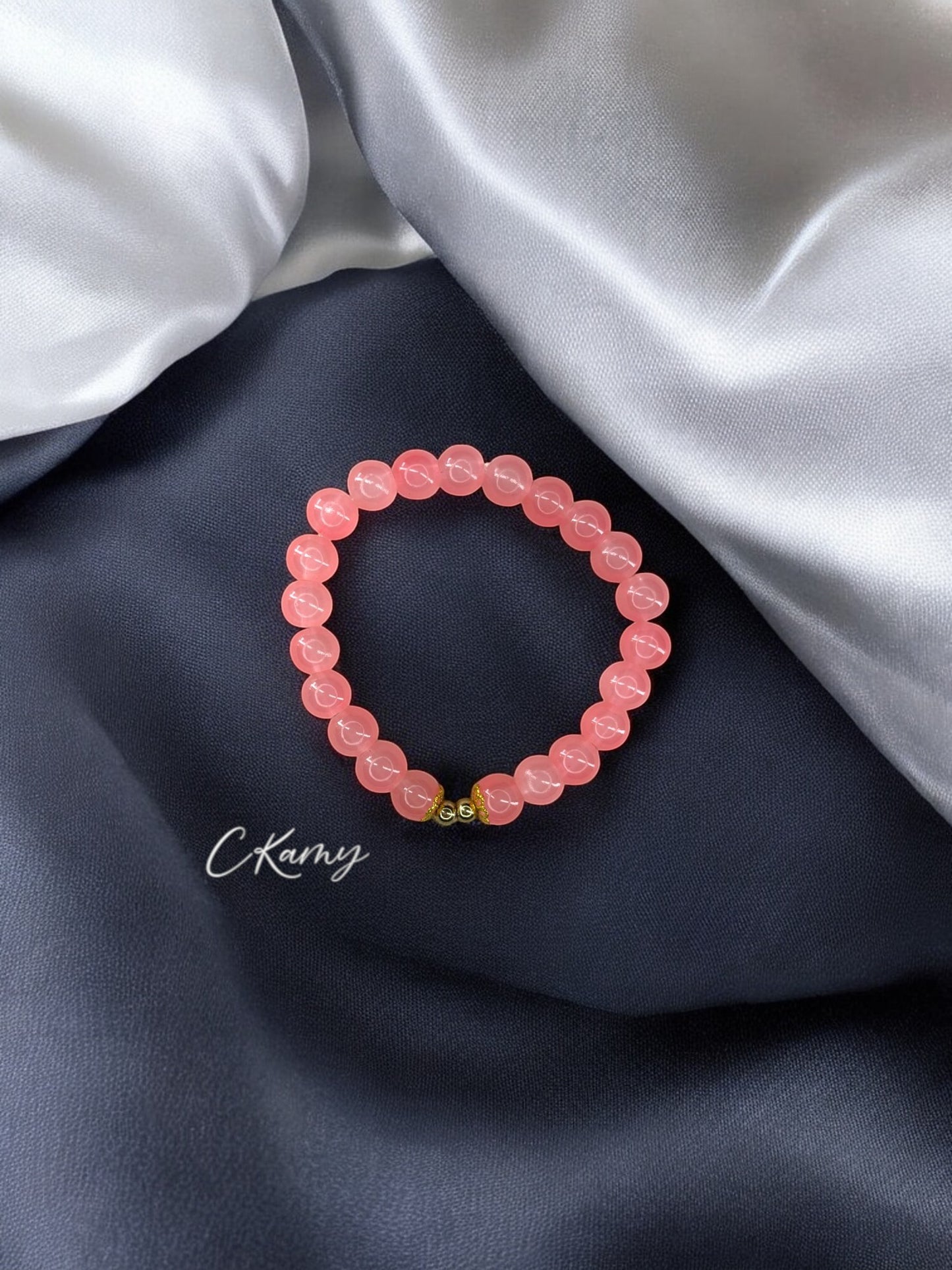 Bracelet femme perles de verre floral doré 4mm rose saumon