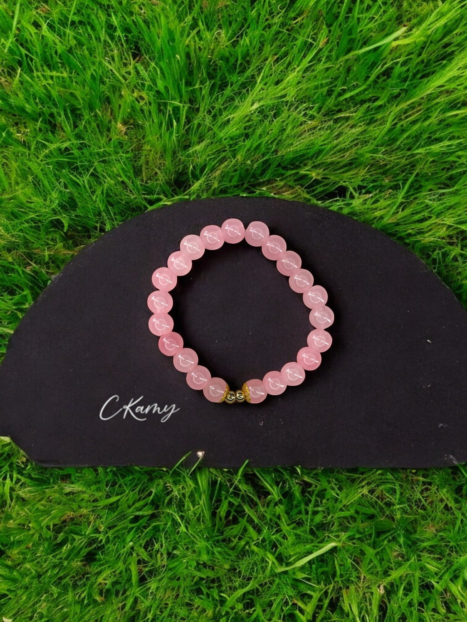 Bracelet femme perles de verre floral doré 4mm rose saumon clair