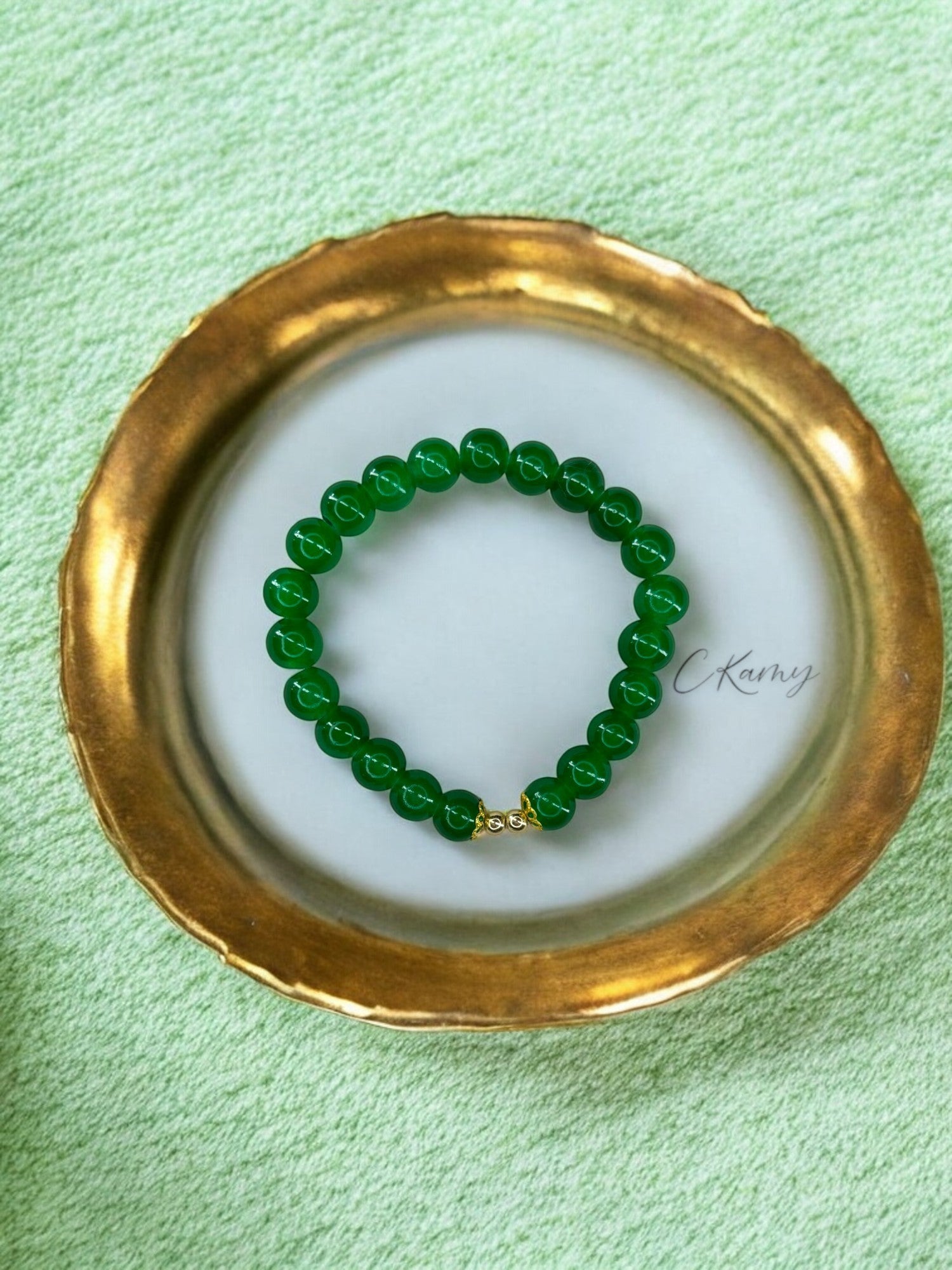 Bracelet femme perles de verre floral doré 4mm vert bouteille