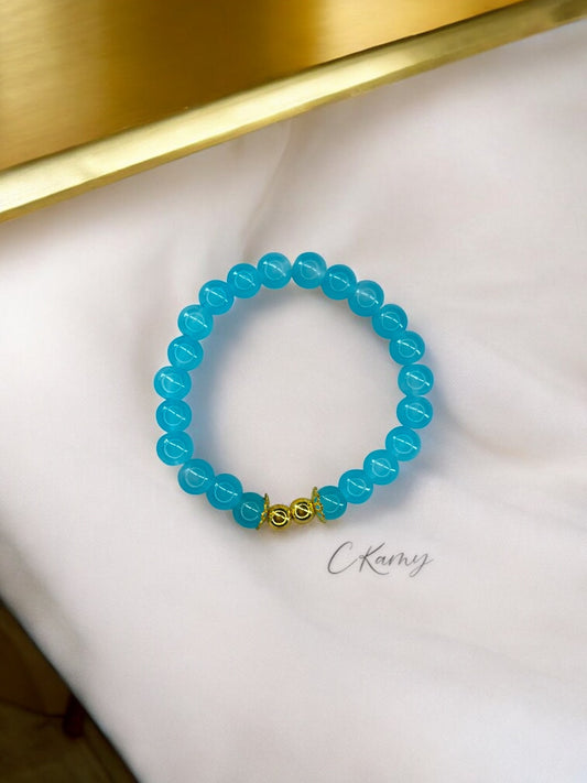 Bracelet femme perles de verre floral doré 6mm bleu
