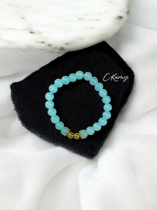 Bracelet femme perles de verre floral doré 6mm bleu clair