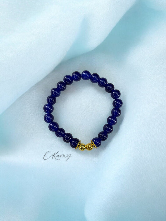 Bracelet femme perles de verre floral doré 6mm bleu foncé