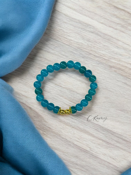Bracelet femme perles de verre floral doré 6mm bleu turquoise