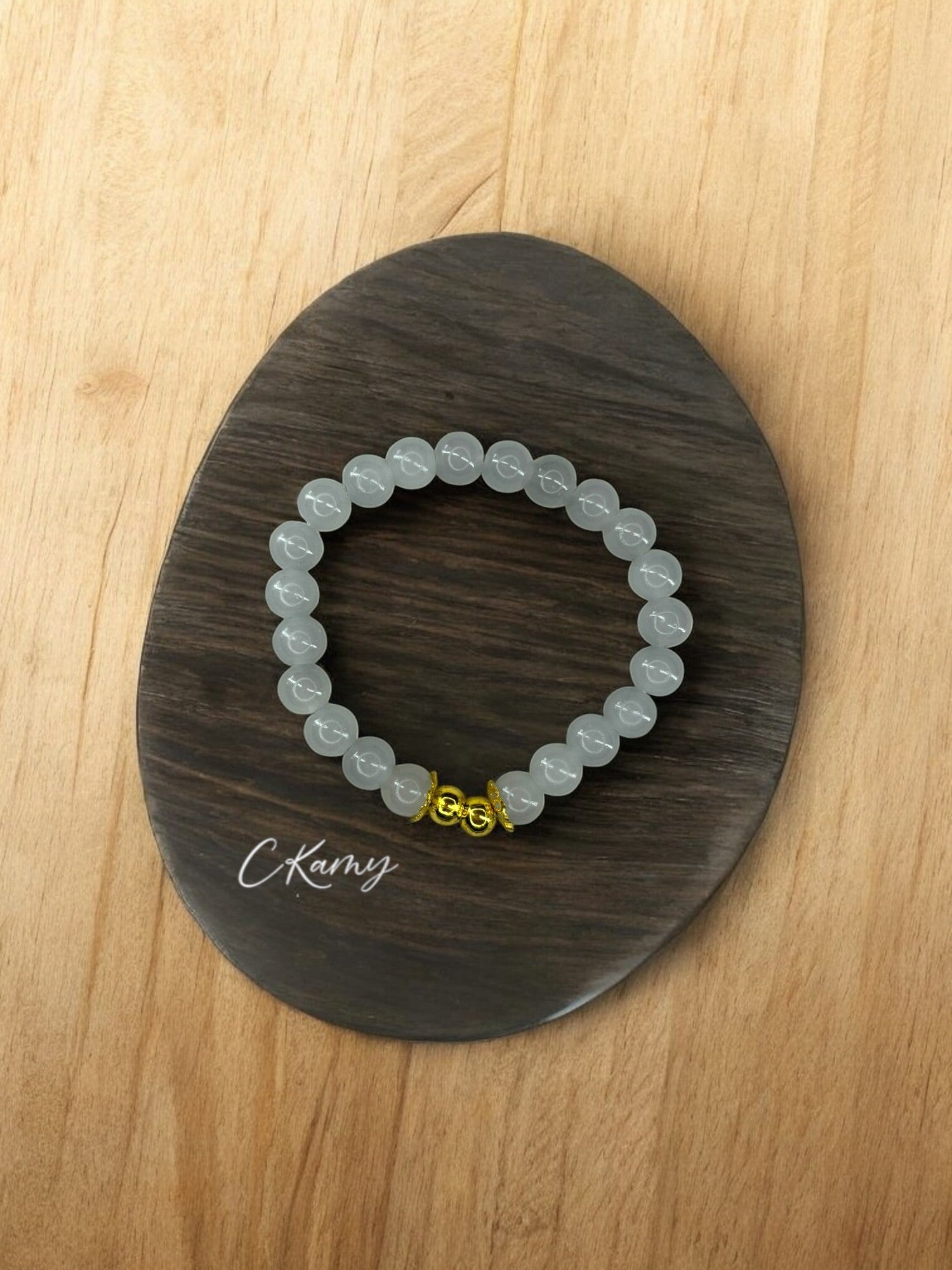 Bracelet femme perles de verre floral doré 6mm gris