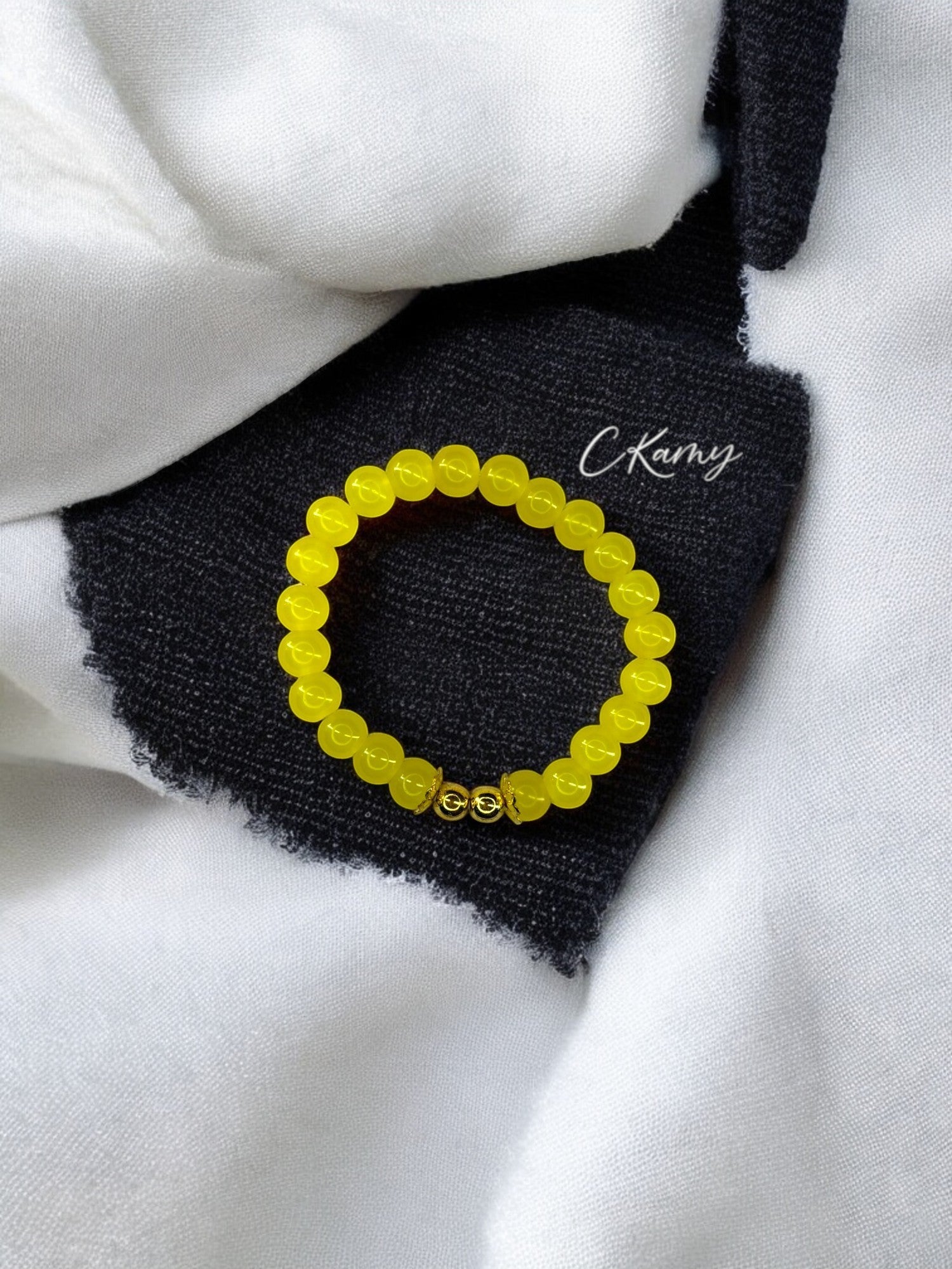 Bracelet femme perles de verre floral doré 6mm jaune