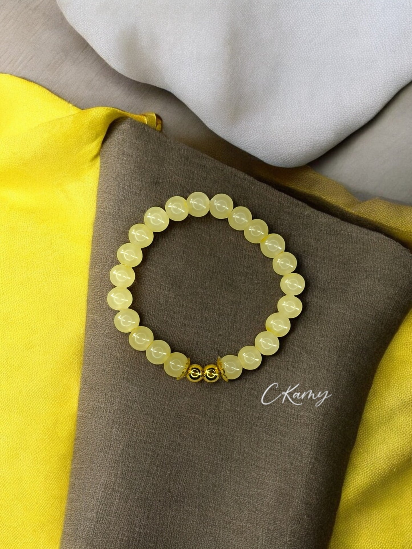Bracelet femme perles de verre floral doré 6mm jaune clair
