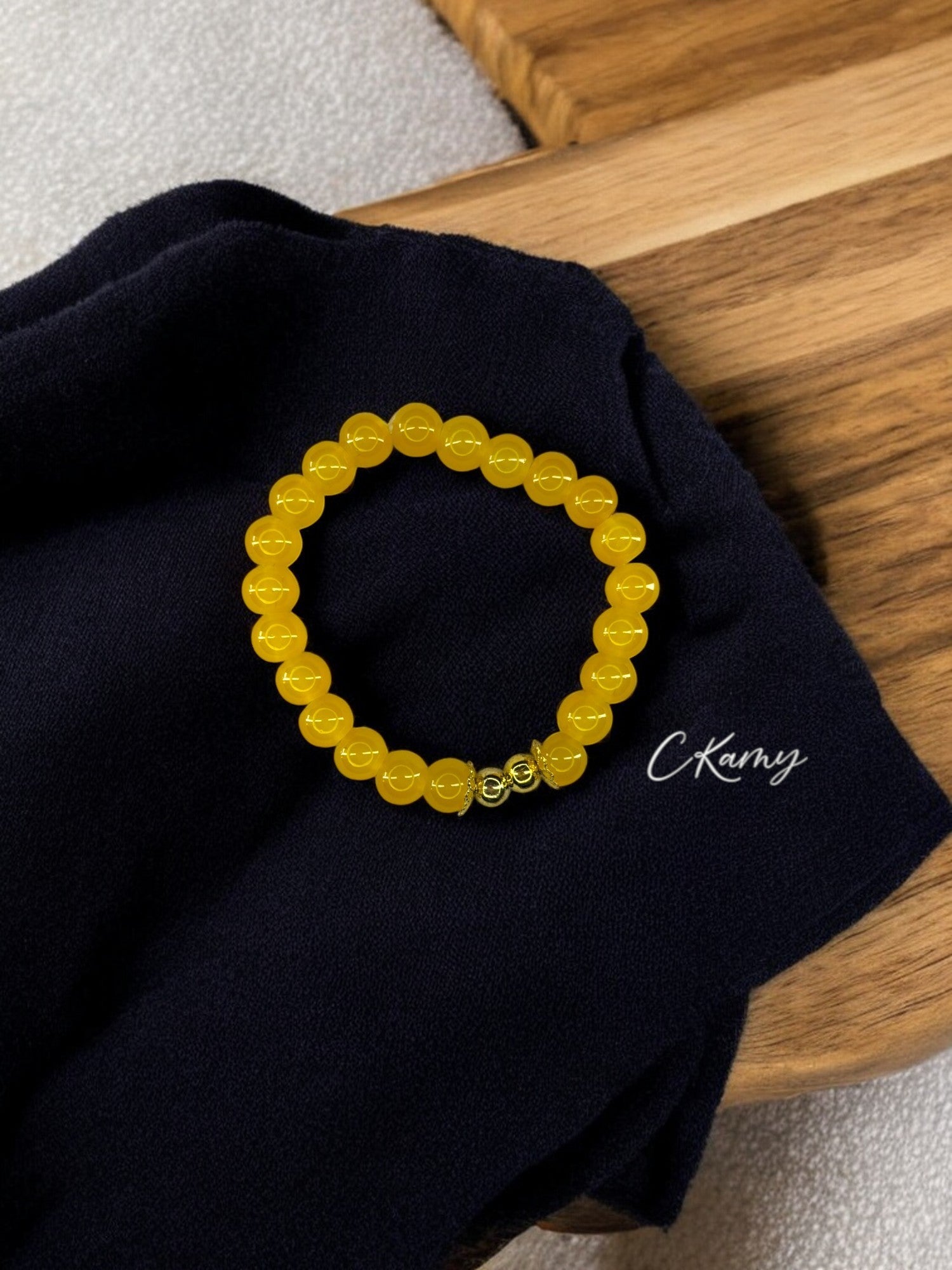 Bracelet femme perles de verre floral doré 6mm jaune orangé