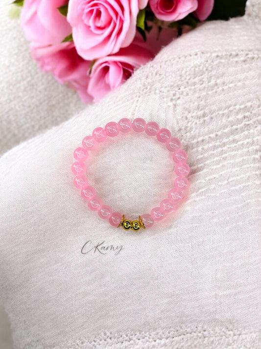 Bracelet femme perles de verre floral doré 6mm rose