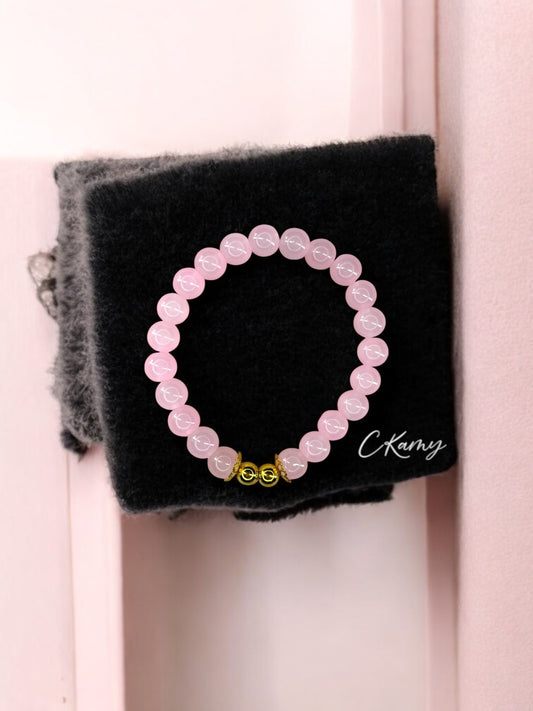 Bracelet femme perles de verre floral doré 6mm rose clair