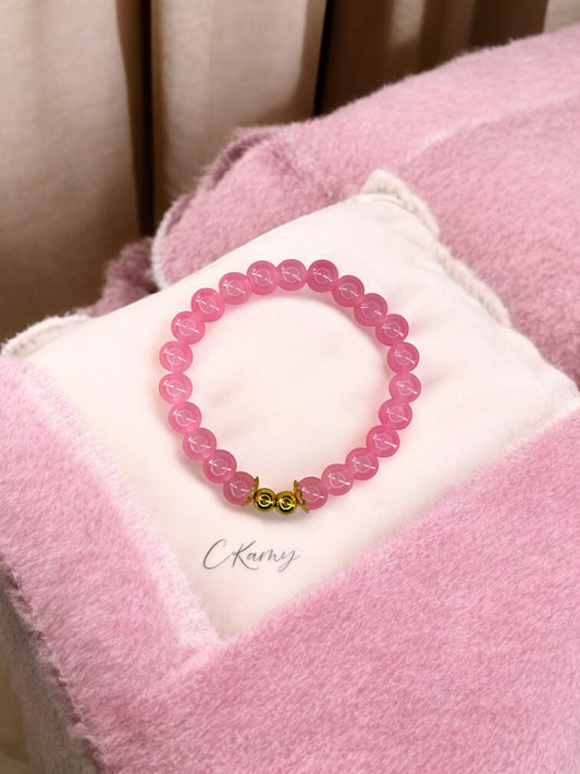 Bracelet femme perles de verre floral doré 6mm rose foncé