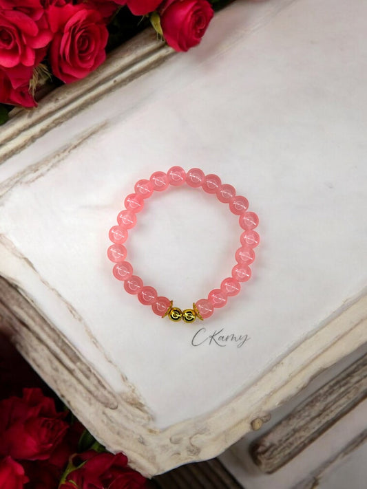Bracelet femme perles de verre floral doré 6mm rose saumon