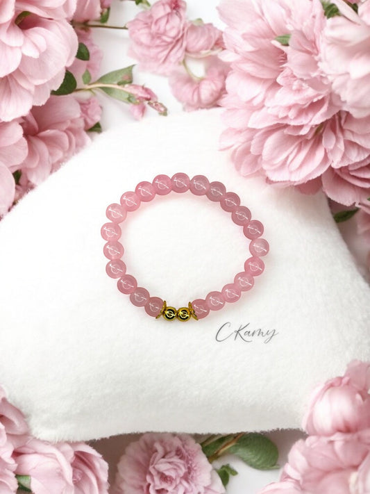 Bracelet femme perles de verre floral doré 6mm rose saumon clair