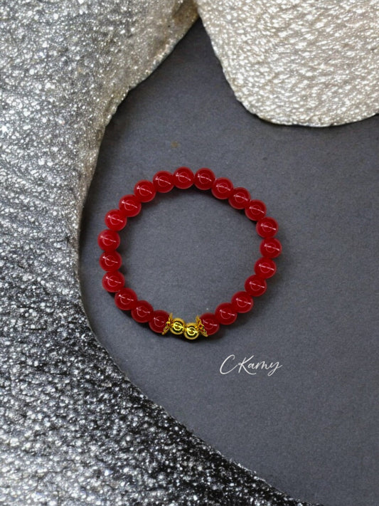 Bracelet femme perles de verre floral doré 6mm rouge