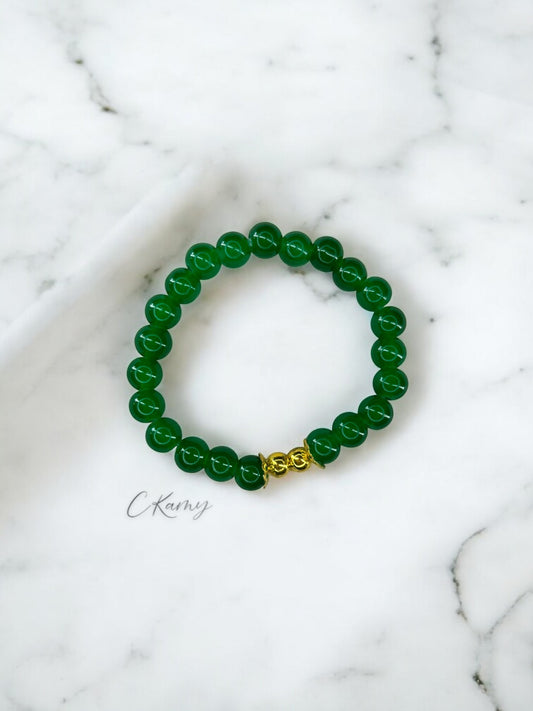 Bracelet femme perles de verre floral doré 6mm vert bouteille