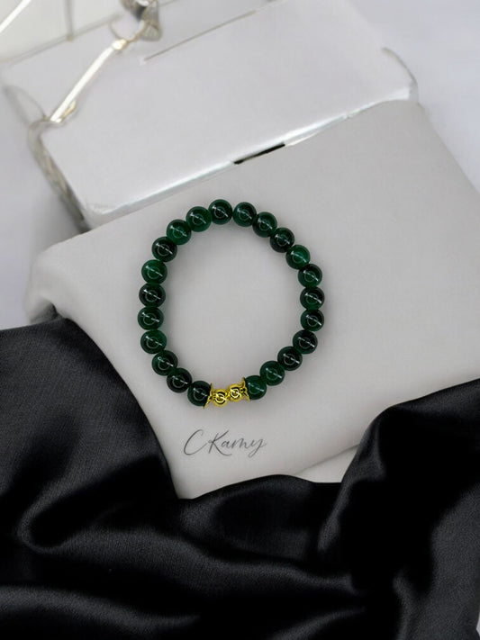Bracelet femme perles de verre floral doré 6mm vert foncé