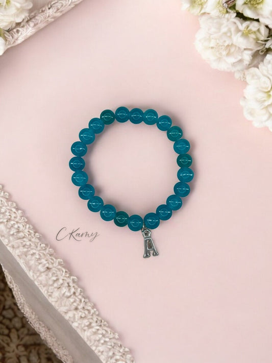 Bracelet femme perles de verre initiale argent bleu turquoise