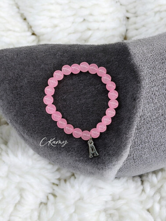 Bracelet femme perles de verre initiale argent rose