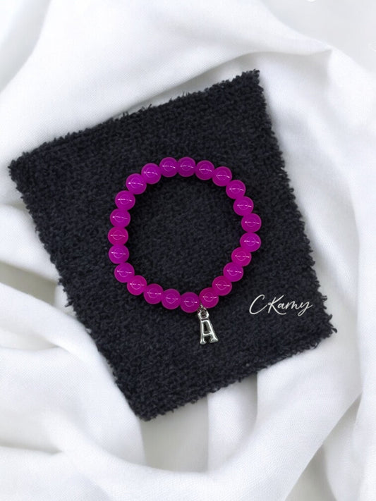 Bracelet femme perles de verre initiale argent rose flash
