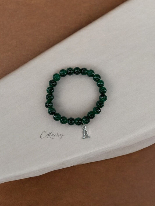 Bracelet femme perles de verre initiale argent vert bouteille