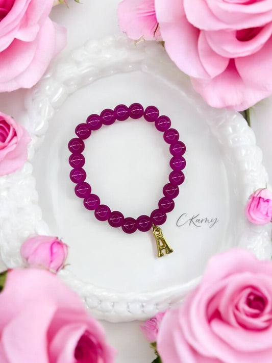 Bracelet femme perles de verre initiale doré rose cerise
