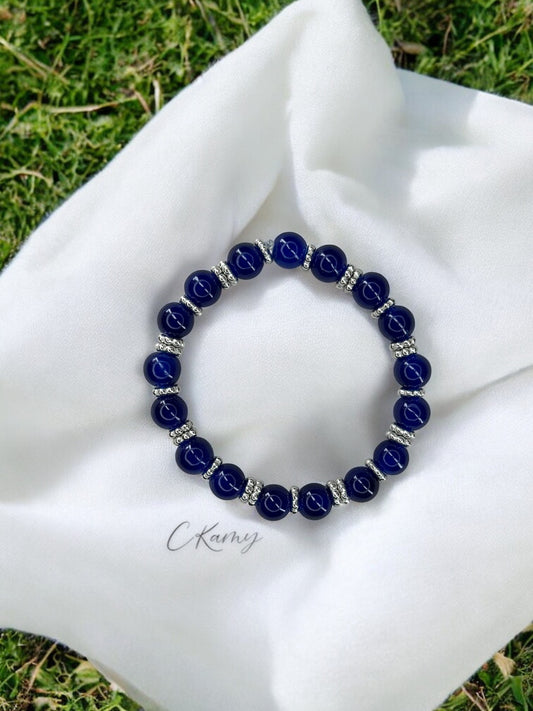 Bracelet femme perles de verre intercalaire argent bleu foncé
