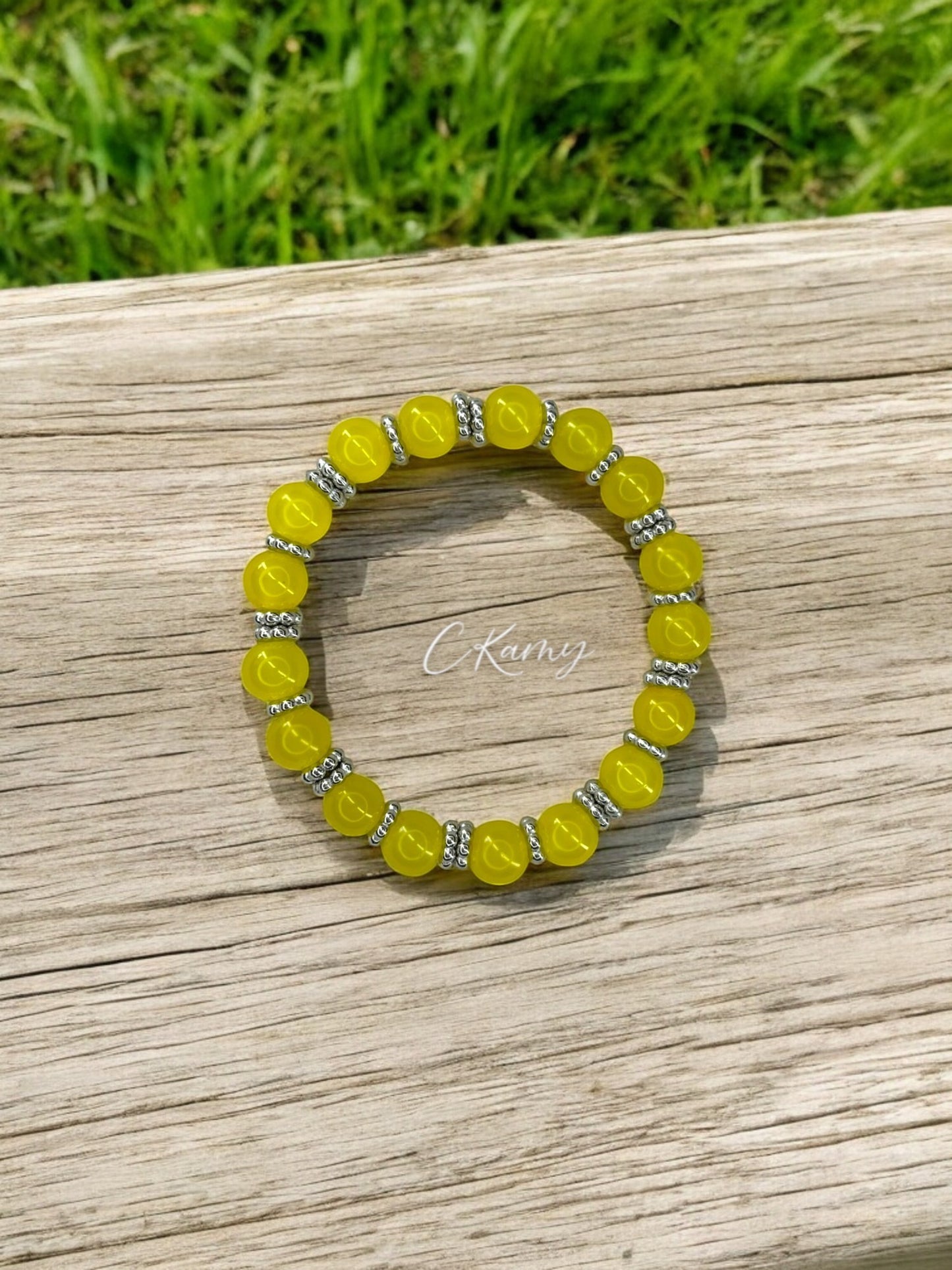 Bracelet femme perles de verre intercalaire argent jaune