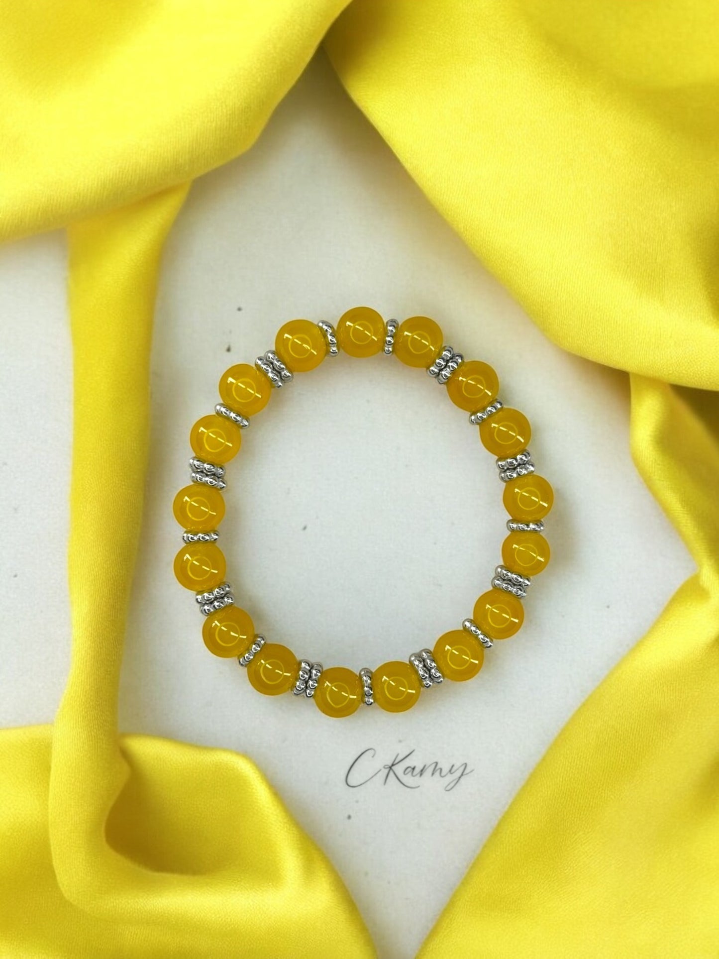 Bracelet femme perles de verre intercalaire argent jaune orangé