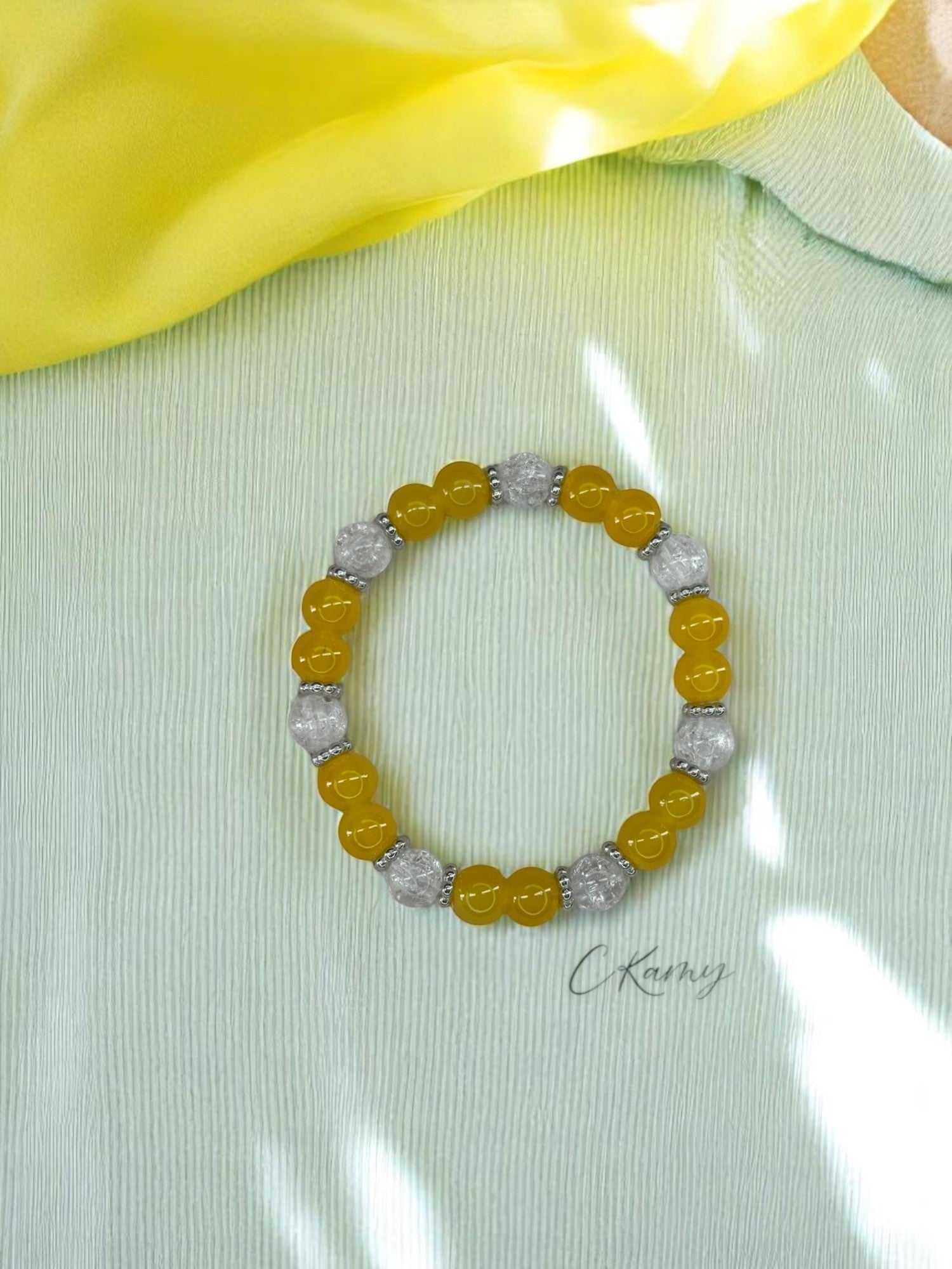 Bracelet femme perles de verre intercalaire argent jaune orangé craquelé