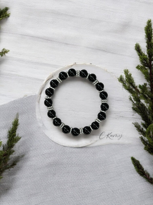 Bracelet femme perles de verre intercalaire argent noir
