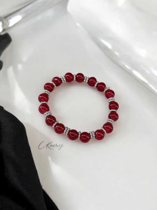 Bracelet femme perles de verre intercalaire argent rouge