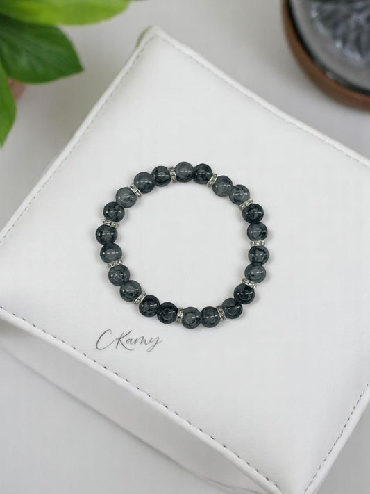 Bracelet femme perles de verre intercalaire argent strassé gris foncé