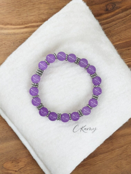 Bracelet femme perles de verre intercalaire argent violet foncé