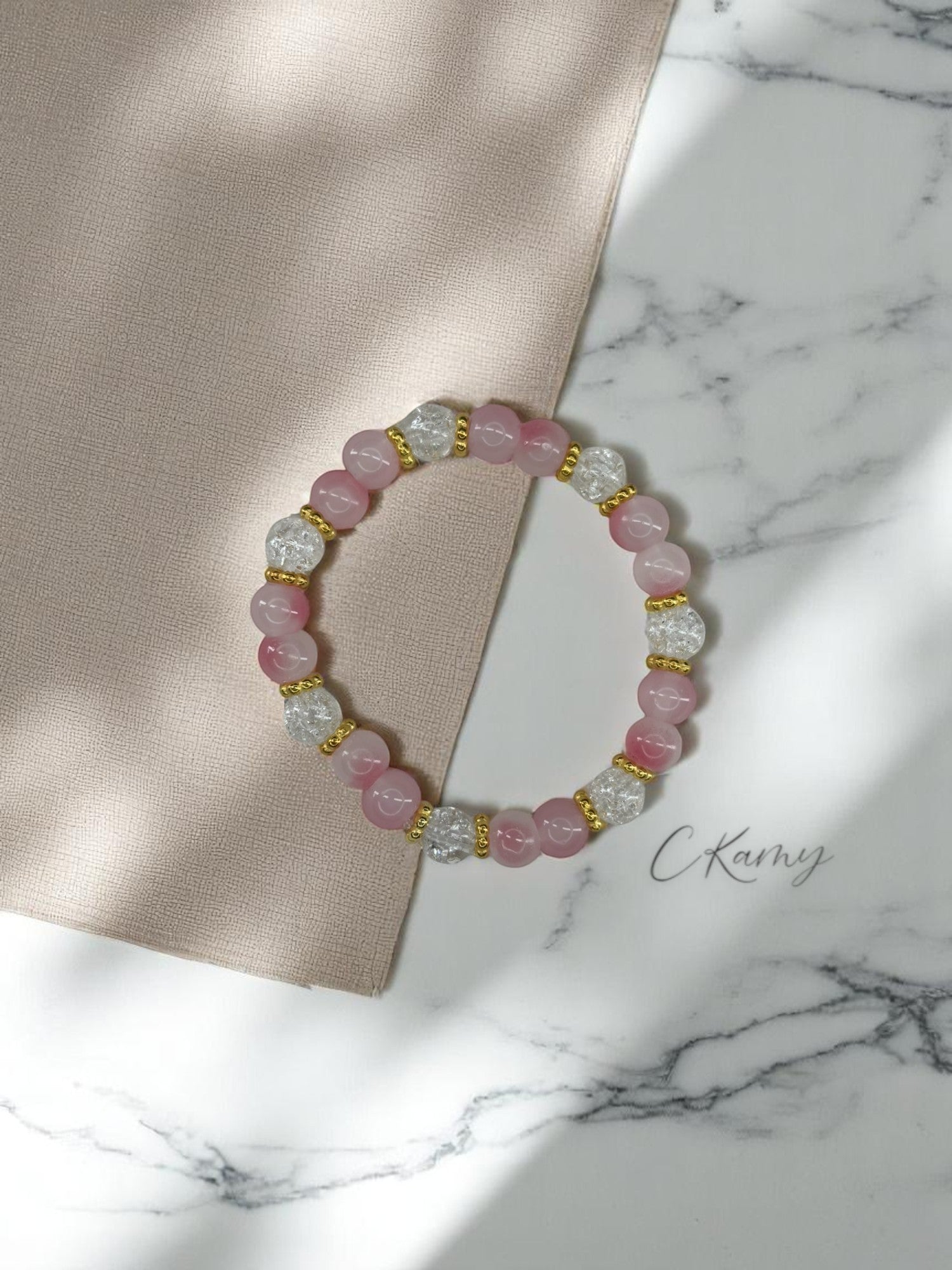 Bracelet femme perles de verre intercalaire doré rose dégradé