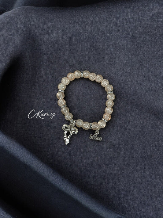 Bracelet femme perles de verre noeud love argent beige craquelé