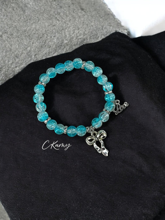 Bracelet femme perles de verre noeud love argent bleu craquelé