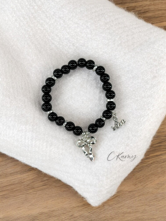 Bracelet femme perles de verre noeud love argent noir