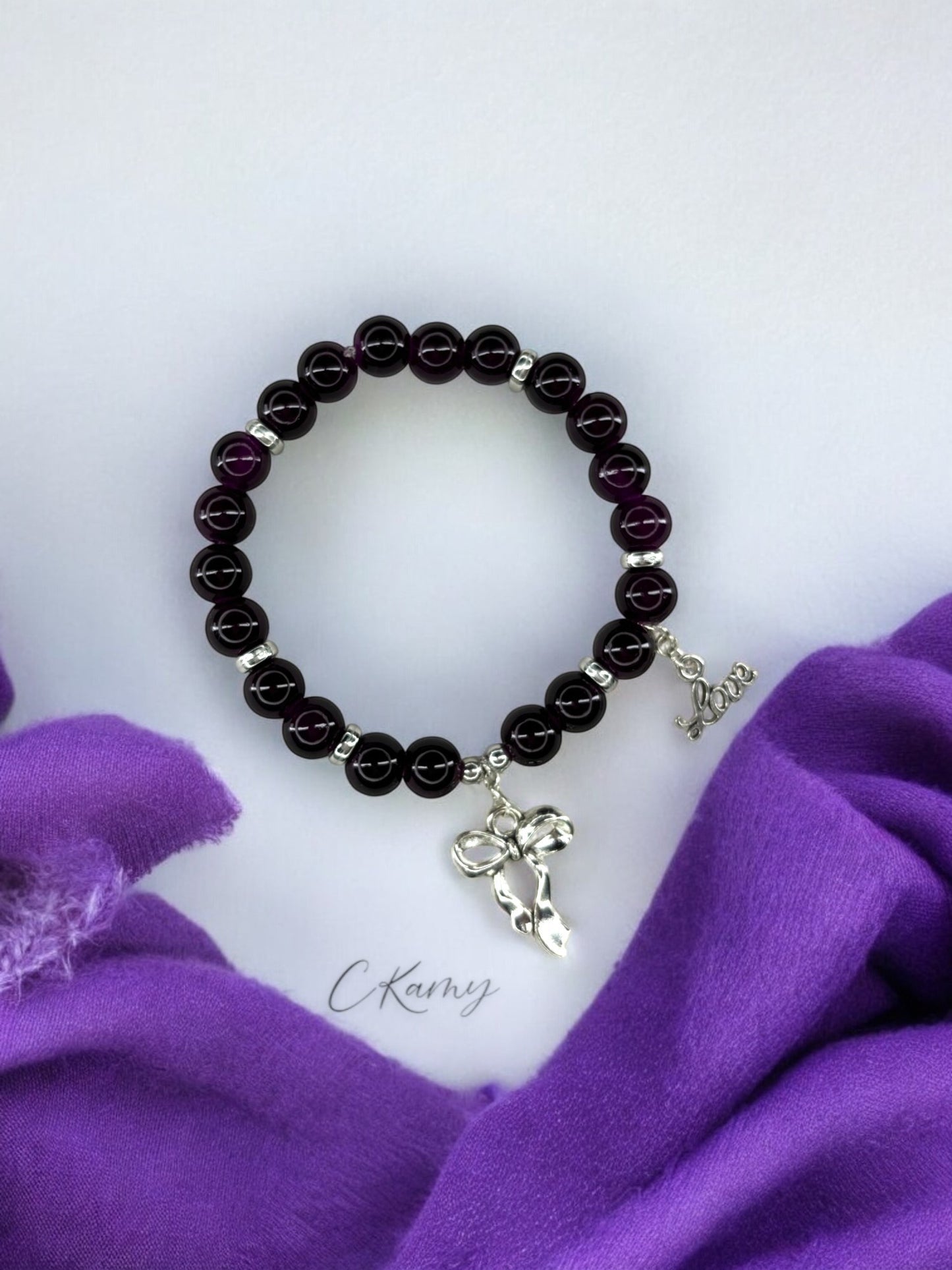 Bracelet femme perles de verre noeud love argent prune