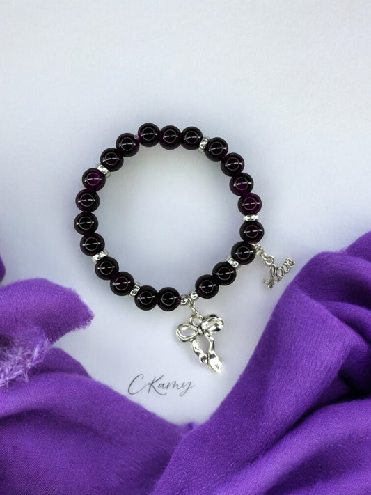 Bracelet femme perles de verre noeud love argent prune