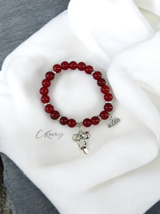 Bracelet femme perles de verre noeud love argent rouge