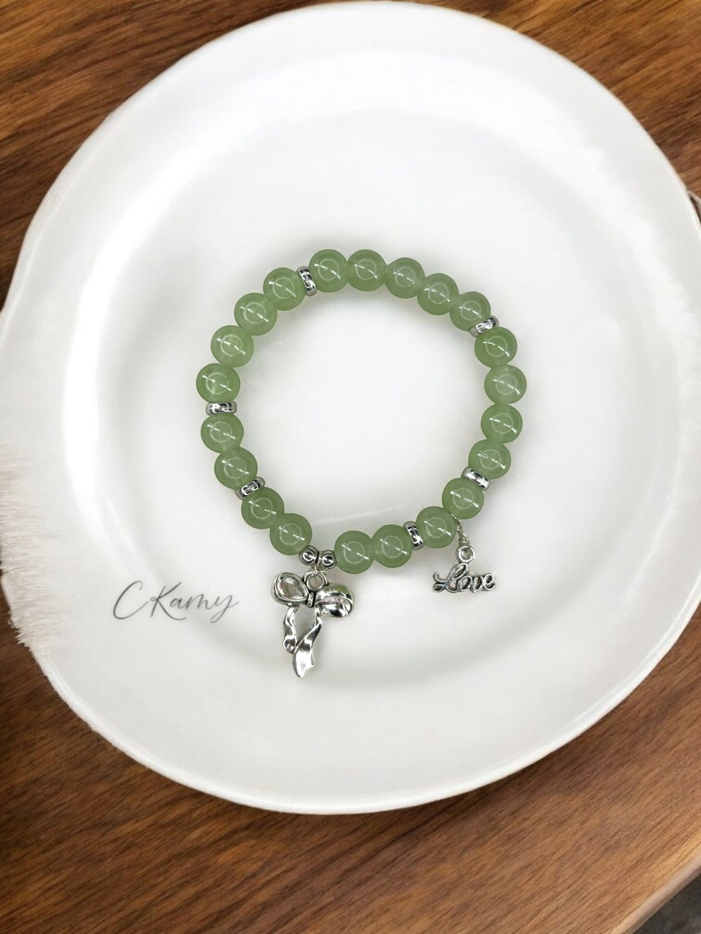 Bracelet femme perles de verre noeud love argent vert