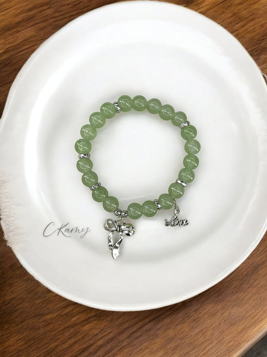 Bracelet femme perles de verre noeud love argent vert