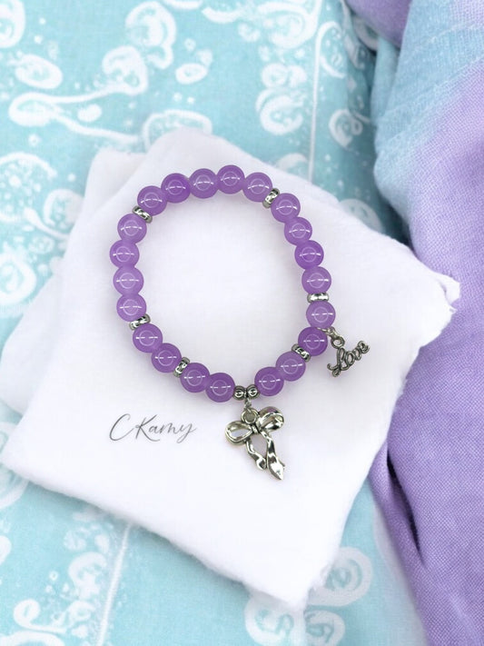 Bracelet femme perles de verre noeud love argent violet
