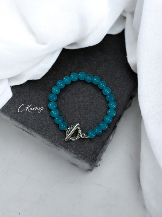 Bracelet femme perles de verre toggle bleu turquoise