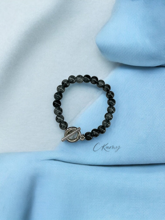 Bracelet femme perles de verre toggle gris foncé